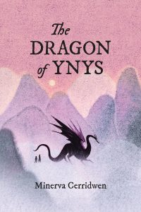 the dragon of ynys cover with a dragon and two human silhouettes against a pink and mauve background of mountains