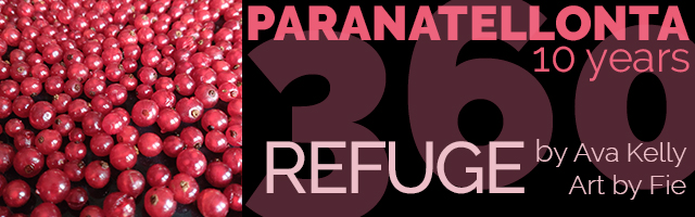 Banner for the story "Refuge" as part of the Paranatellonta 10-year celebration. On the left side of this low, wide rectangle is a detail from a photo of redcurrants. The background of the rest of the banner is black with the number "360" in a large brown font. At the top, red letters spell out "Paranatellonta - 10 years", and below, the title "Refuge" is written in large, pale-pink capital letters, with "by Ava Kelly - art by Fie" to the right of it in half the font size.